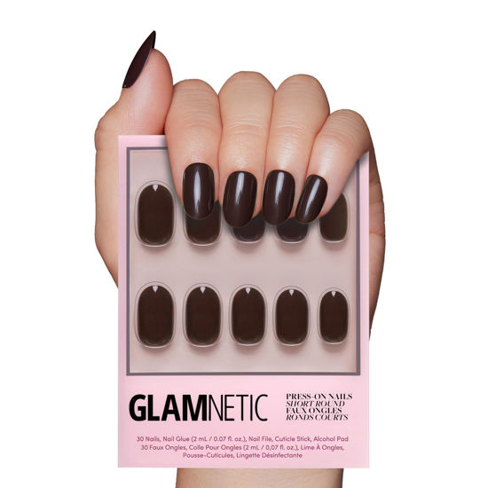 Picture of Glamnetic Press On Nails - Bark Brown | Opaque Dark Brown Short Round False Nails, Reusable Stick On Fake Nails with Glue | Salon Quality | 15 Sizes - 30 Nail Kit