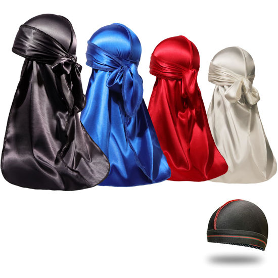 Picture of 4PCS Silky Durags for Men Women 360 Waves with 1 Wave Cap, Silky Satin Durag Extra Long Tails