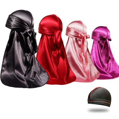 Picture of 4PCS Silky Durags for Men Women 360 Waves with 1 Wave Cap, Silky Satin Durag Extra Long Tails