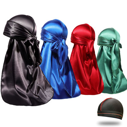 Picture of 4PCS Silky Durags for Men Women 360 Waves with 1 Wave Cap, Silky Satin Durag Extra Long Tails
