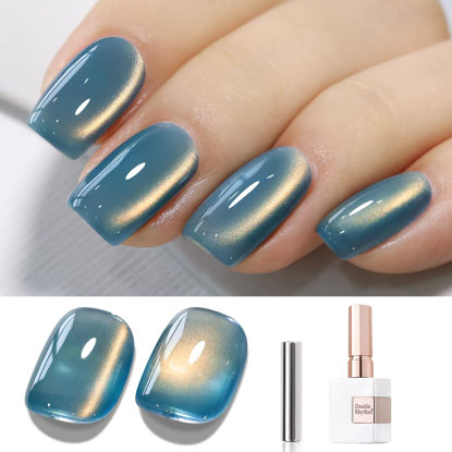 Picture of Double Rhythm 15ML Ice Glass Cat Eye Gel Polish with Magnet Holographic Glitter Shimmer Translucent Sheer Color Salon Soak Off Magnetic Nail at Home (SKy Teal-MC1132)