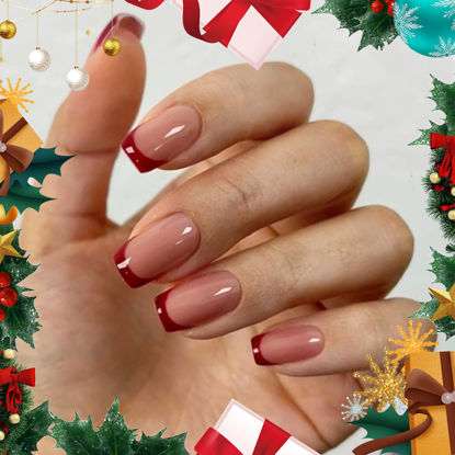 Picture of Modelones Christmas Press on Nails, Red Chrome French Short Square Fake Nails, Reusable Nail Kit with Nail Glue Adhesive Tabs Mini Nail File, Nails Press Ons 32Pcs16 Sizes