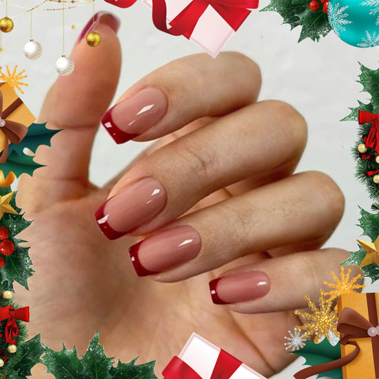 Picture of Modelones Christmas Press on Nails, Red Chrome French Short Square Fake Nails, Reusable Nail Kit with Nail Glue Adhesive Tabs Mini Nail File, Nails Press Ons 32Pcs16 Sizes