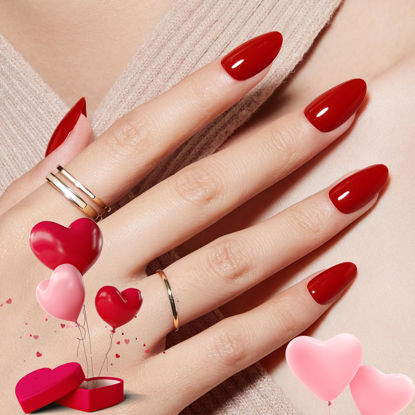 Picture of Modelones Press on Nails Almond, Red Short Almond Fake Nails, Reusable Nail Kit with Nail Glue Adhesive Tabs Mini Nail File, Nails Press Ons 32 Pcs16 Sizes, Valentine Gift