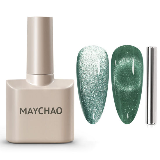 Picture of MAYCHAO 15ML Cat Eye Gel Nail Polish 1Pc Light Green Gel Polish with Magnet Soak off Holographic Magnetic Nail Polish for Nail Art Manicure Salon DIY at Home, 0.5 OZ