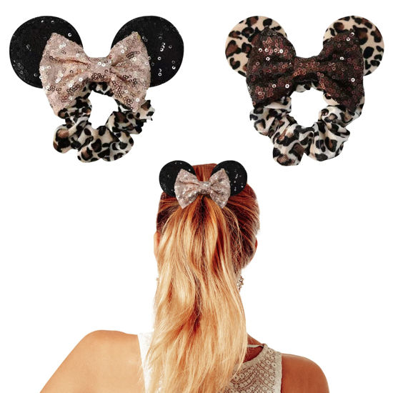 Picture of Styla Hair 2pk Mouse Ear Scrunchies for Kids Velvet Hair Bow Scrunchies for Women - Sparkle Sequins Mouse Hair Bands for Pony Tail Orejas de Minnie Mouse (Leopard)