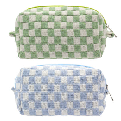 Picture of PAZIMIIK Checkered Makeup Bag for Purse Portable Zipper Make Up Pouch Small Cosmetic Case for Travel Accessories (2PCS Blue Light Green)