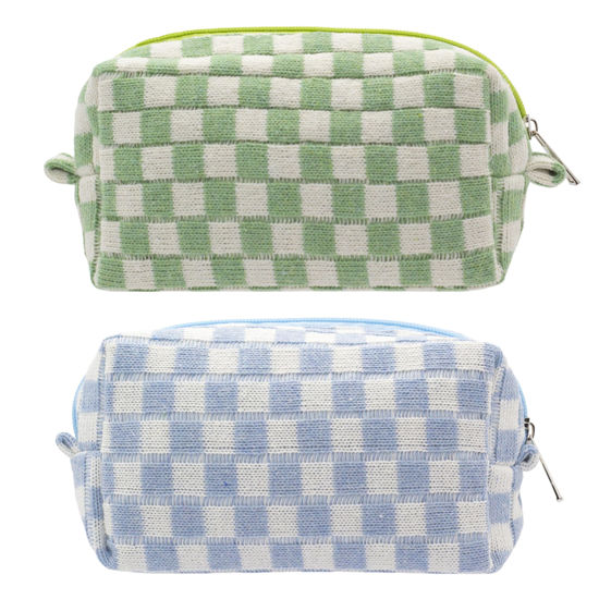 Picture of PAZIMIIK Checkered Makeup Bag for Purse Portable Zipper Make Up Pouch Small Cosmetic Case for Travel Accessories (2PCS Blue Light Green)