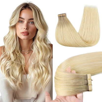 Picture of GOO GOO Tape in Hair Extensions Human Hair, R7/60F 14inch 50g 20pcs, Thick Ends Straight Seamless, Invisible Tape in Hair Extensions Human Hair