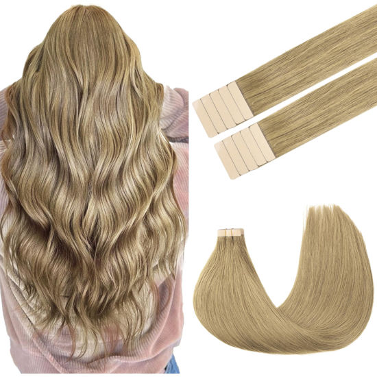Picture of GOO GOO Tape in Hair Extensions Human Hair, 7 Bronde,22inch 30g 10pcs, Thick Ends Straight Seamless Tape in, Invisible Tape in Hair Extensions Human Hair