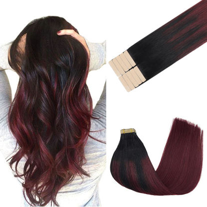 Picture of GOO GOO Tape in Hair Extensions Human Hair, 1/99 Balayage Jet Black to Red, 14inch 25g 10pcs, Thick Ends Straight Seamless Tape in, Invisible Tape in Hair Extensions Human Hair