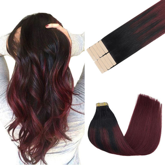 Picture of GOO GOO Tape in Hair Extensions Human Hair, 1/99 Balayage Jet Black to Red, 14inch 25g 10pcs, Thick Ends Straight Seamless Tape in, Invisible Tape in Hair Extensions Human Hair