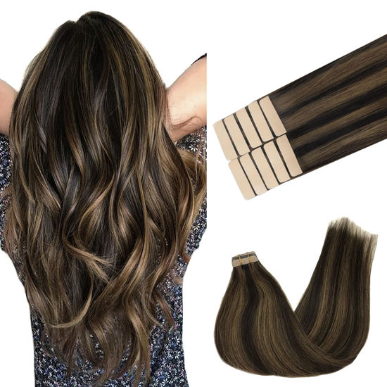 Picture of GOO GOO Tape in Hair Extensions Human Hair, 2/6 Dark Brown Highlighted Chestnut Brown, 20inch 30g 10pcs, Thick Ends Straight Seamless Tape in, Invisible Tape in Hair Extensions Human Hair