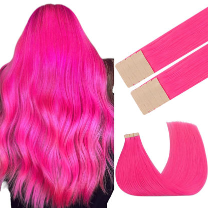Picture of GOO GOO Tape in Hair Extensions Human Hair, Pink, 18inch 25g 10pcs, Colored Tape ins Human Hair Extensions, Silky&Soft Invisible Tape Ins, Hair Highlighted for Party