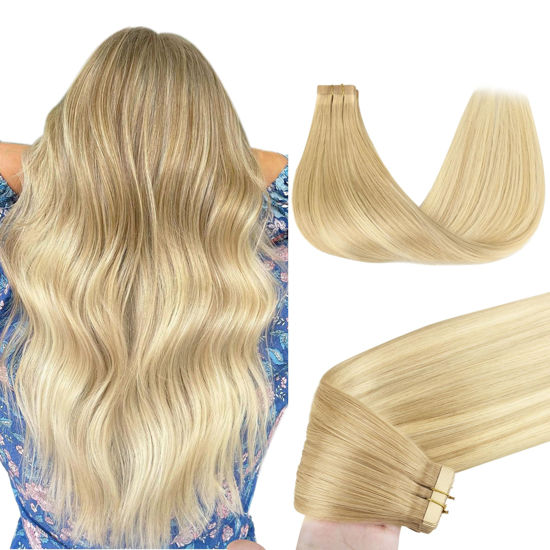 Picture of GOO GOO Tape in Hair Extensions Human Hair, 18AT60A Pearl Ash Blonde Highlights, 20inch 50g 20pcs, Thick Ends Straight Seamless Tape in, Invisible Tape in Hair Extensions Human Hair