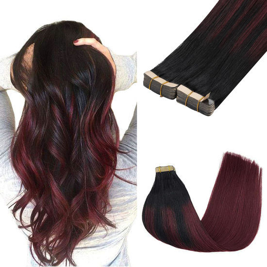 Picture of GOO GOO Tape in Hair Extensions Human Hair, 1/99 Balayage Jet Black to Red, 24inch 100g 40pcs, Thick Ends Straight Seamless Tape in, Invisible Tape in Hair Extensions Human Hair
