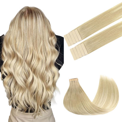 Picture of GOO GOO Tape in Hair Extensions Human Hair, 18ET90A Natural Blonde Balayage, 14inch 25g 10pcs, Thick Ends Straight Seamless Tape in, Invisible Tape in Hair Extensions Human Hair