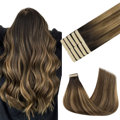 Picture of GOO GOO Tape in Hair Extensions Human Hair, 4D/14/5B Brunette Balayage, 18inch 25g 10pcs, Thick Ends Straight Seamless Tape in, Invisible Tape in Hair Extensions Human Hair