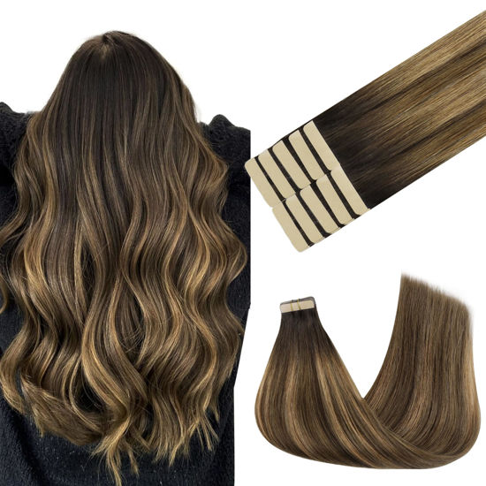Picture of GOO GOO Tape in Hair Extensions Human Hair, 4D/14/5B Brunette Balayage, 18inch 25g 10pcs, Thick Ends Straight Seamless Tape in, Invisible Tape in Hair Extensions Human Hair