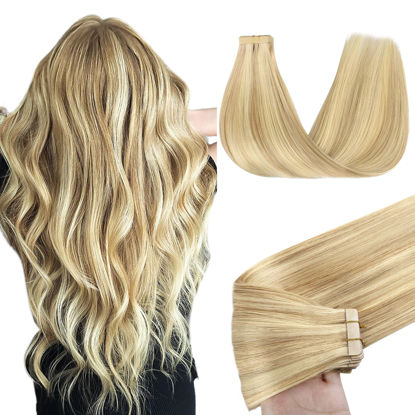 Picture of GOO GOO Tape in Hair Extensions Human Hair, 18D/22F Dirty Blonde Highlights, 24inch 50g 20pcs, Thick Ends Straight Seamless Tape in, Invisible Tape in Hair Extensions Human Hair