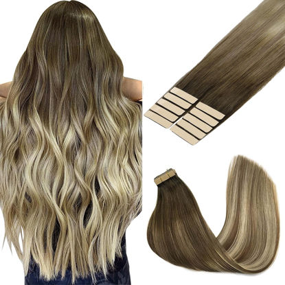 Picture of GOO GOO Tape in Hair Extensions Human Hair, 3/8/613 Balayage Walnut Brown to Ash Brown and Blonde, 22inch 30g 10pcs, Thick Ends Straight Seamless Tape in, Invisible Tape in Hair Extensions Human Hair