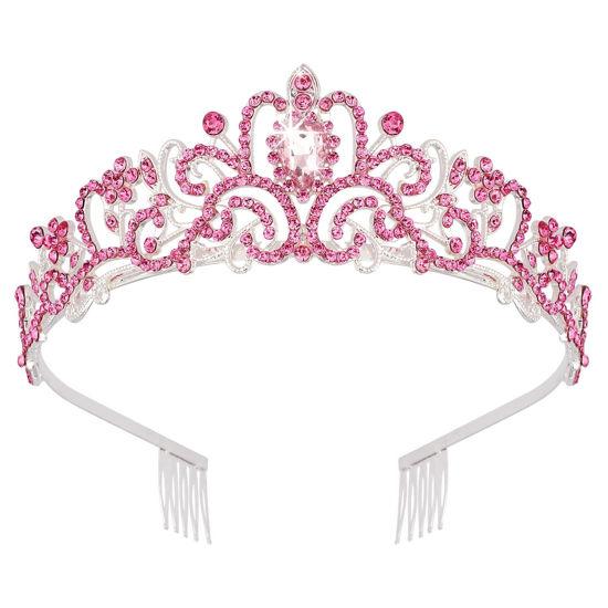 Picture of Didder Silver Tiaras and Crowns for Women, Pink Crystal Tiara Crowns For Women Girls Elegant Crown with Combs Princess Crown Tiara Birthday Crowns for Women Bridal Wedding Prom Birthday Party