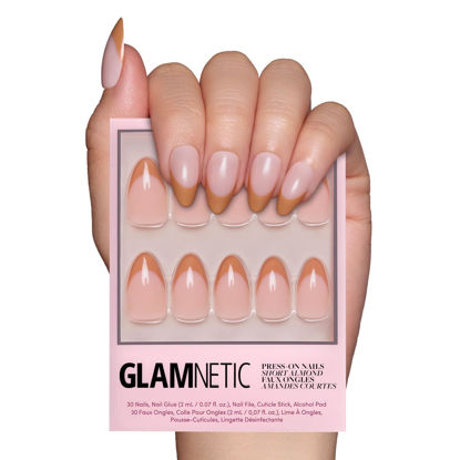 Picture of Glamnetic Press On Nails - Café Crème | Semi-Transparent Light Brown French Tip Short Almond False Nails, Reusable Stick On Fake Nails with Glue | Salon Quality | 15 Sizes - 30 Nail Kit