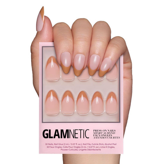 Picture of Glamnetic Press On Nails - Café Crème | Semi-Transparent Light Brown French Tip Short Almond False Nails, Reusable Stick On Fake Nails with Glue | Salon Quality | 15 Sizes - 30 Nail Kit