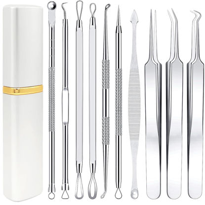 Picture of Pimple Popper Tool Kit - Boxoyx 10 Pcs Blackhead Remover Comedone Extractor Kit with Metal Case for Quick and Easy Removal of Pimples, Blackheads, Zit Removing, Forehead,Facial and Nose(All Silver)