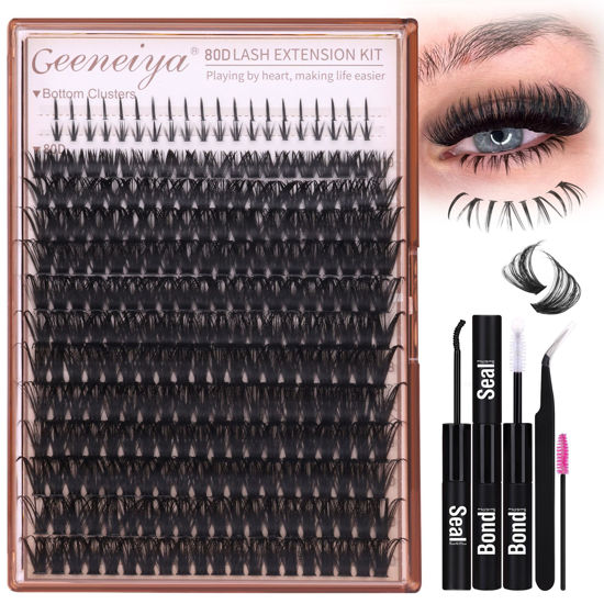 Picture of Geeneiya Cluster Eyelash Extensions Kit Bottom Lash Clusters 10-20mm DIY Lash Extension Kit Wispy Volume Individual Eyelashes with Waterproof Lash Bond and Seal Applicator for Beginners