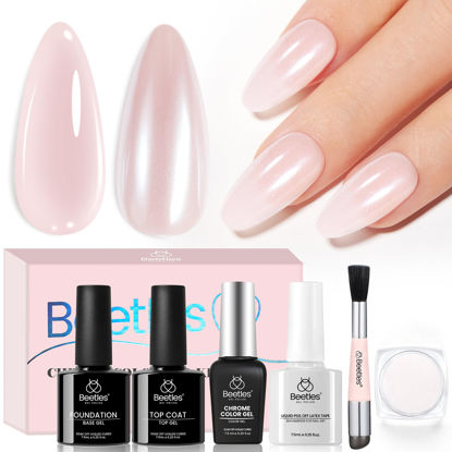 Picture of Beetles Pearl Chrome Nail Powder Gel Nail Polish Set, Glazed Donut Mirror Effect with Silicone Nail Brush, Liquid Peel Off Latex Tape Top Coat&Base Coat