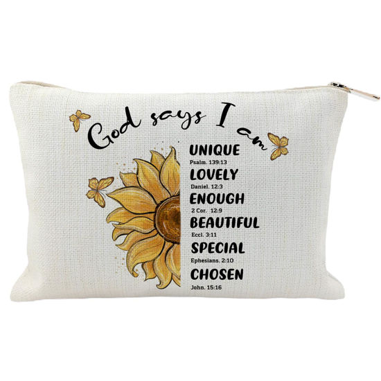 Picture of COMODBAG God Says I Am Cosmetic Bag, Bible Verse Makeup Bag, Positive Message Inspirational Gifts for Christian, Christmas Gift Birthday Gifts for Women, Affirmation Gifts for Yourself