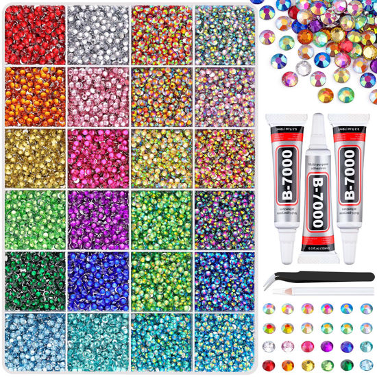 Picture of 24000Pcs Resin Rhinestones with Tweezers for Crafting, Mixed-Color 3mm Bedazzling Crystal with 3Pcs 10ml B7000 Jewelry Glue for DIY Crafts Clothing Tumblers Shoes Fabric Nail Art