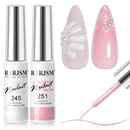 Picture of RARJSM Pearl Nail Art Gel Liner 2 Pcs Set Pearlescent Milky Silver White and Pink Shell Glitter Swirl Effect Gel Nail Polish 8ml Build in Thin Brush Painted Drawing Striper Gel Polish Curing Requires