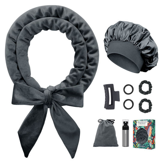 Picture of Gwabee No Heat Overnight Hair Curlers Headband, 70" Soft Ribbon Curl Wrap for Long Hair - 9 PCS Curling Rods Set - Grey