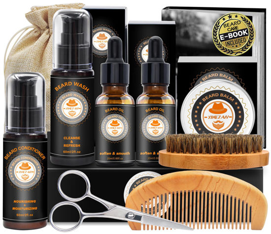 Picture of Upgraded Beard Grooming Kit w/Beard Conditioner,Beard Oil,Beard Balm,Beard Brush,Beard Wash,Beard Comb,Beard Scissor,Bag,E-Book,Birthday Gifts Valentines Day Gifts for Men Him Dad Husband Boyfriend