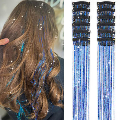 Picture of Umylar Clip in Hair Tinsel,Pack of 12 Pcs,20 Inch Glitter Blue Tinsel Hair Extensions, Festival Tinsel Fairy Hair Party Dazzle Hair Accessories Strands Kit(12Pcs,Sapphire blue#)