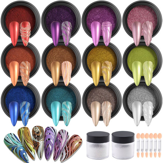 Picture of Fcozpjk Chrome Nail Powder Set 12 Colors Gold Silver Bronze Chrome Powder for Nails Metallic Nail Glitter Red Green Blue Mirror Rub Pigment with 2PCS Extra Fine White Sugar Powder Nail Design