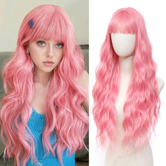 Picture of BUPPLER Cosplay Long Pink Wig 29 Inch Middle Part Synthetic Wig Realistic Gifts Party Wigs for Women Daily Use Colorful Wigs (Pink)