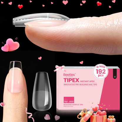 Picture of Beetles Tipex Instant Apex Nail Tips, Short Coffin 192 Pieces Pre-Building & Pre-Etched Thicker Acrylic Nail Tips - Upgraded with 16 Sizes for Flat Nail Press on Nails Valentine's Day Gift for Women