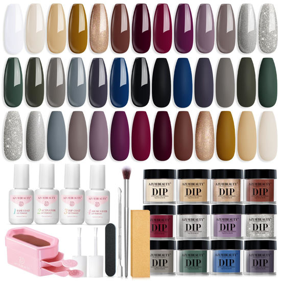 Picture of AZUREBEAUTY Dip Powder Nail Kit Starter 20 Colors Glitter Dark Green Grey Purple Fall Winter 31 Pcs Dip Powder Liquid Set with Top/Base Coat Activator for French Nails Art Manicure DIY Salon Gift