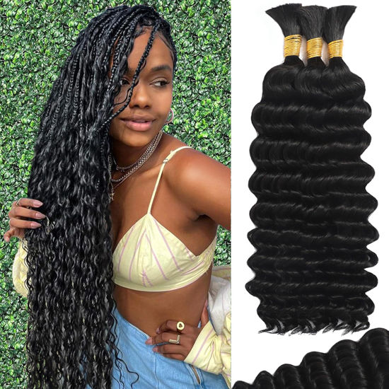 Picture of Human Braiding Hair for Boho Braids Human Hair Braiding Hair 110g 20 Inch Curly Boho Hair for Braiding Knotless 12A Deep Wave Bulk Human Hair for Braiding Bohemian 3 Bundles/Pack Natural Color