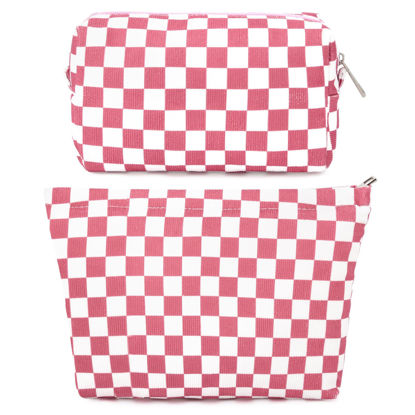Picture of SOIDRAM 2 Pcs Checkered Makeup Bag Large Cosmetic Bag Toiletry Bag Makeup Pouch Travel Bag Organizer Cute Makeup Brushes Aesthetic Accessories Storage Bag for Women Peach Pink