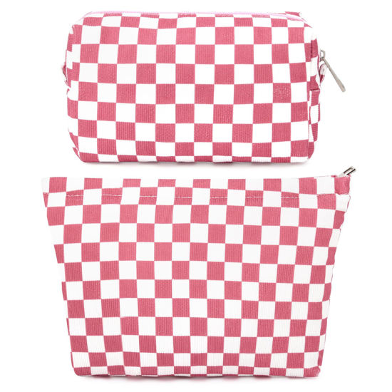 Picture of SOIDRAM 2 Pcs Checkered Makeup Bag Large Cosmetic Bag Toiletry Bag Makeup Pouch Travel Bag Organizer Cute Makeup Brushes Aesthetic Accessories Storage Bag for Women Peach Pink