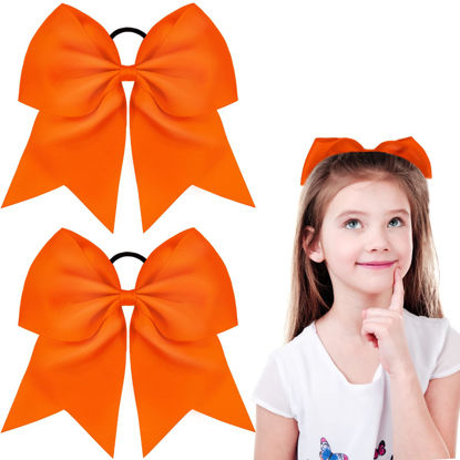 Picture of 2 Packs Jumbo Cheerleading Bow 8 Inch Cheer Hair Bows Large Cheerleading Hair Bows with Ponytail Holder for Teen Girls Softball Cheerleader Outfit Uniform (Orange)