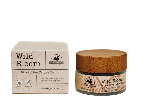 Picture of Hearth and Homestead: Handmade Wild Bloom Bio-Active Tallow Face Balm/Cream with Blue Tansy - Hydrate, Nourish, and Protect Skin - .7 oz