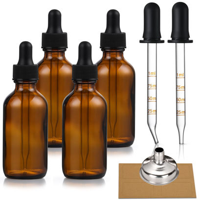 Picture of 4 Pack, 1 oz Amber Glass Dropper Bottles Plus 2pcs Graduated Calibrated Glass Pipettes (1ml)- 30ml Dark Brown Tincture Bottles with Eye Droppers for Essential Oils, Liquids - Leakproof Travel Bottles