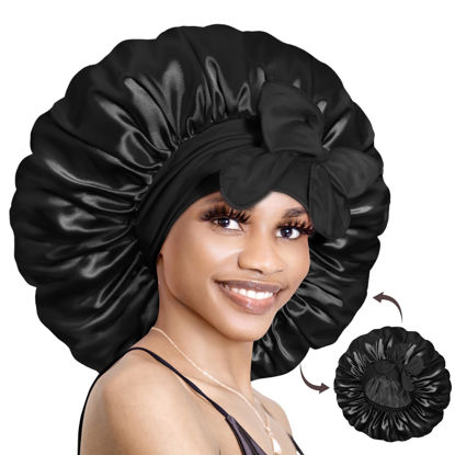 Picture of BONNET QUEEN Large Silk Bonnet for Sleeping Satin Bonnet Big Hair Bonnet Jumbo Braid Bonnet Double Layer Tie Bonnets Night Hair Wrap for Women Curly Hair Black