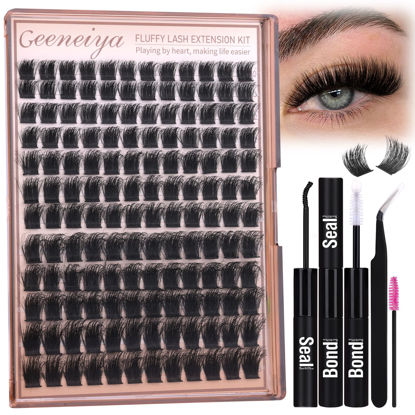 Picture of Geeneiya 200D Fluffy Lash Clusters Kit Thick Lash Extension Kit 10-18mm Wispy Cluster Eyelash Extensions Individual Eyelashes Kit with Waterproof Lash Bond and Seal DIY Lashes Applicator for Beginners
