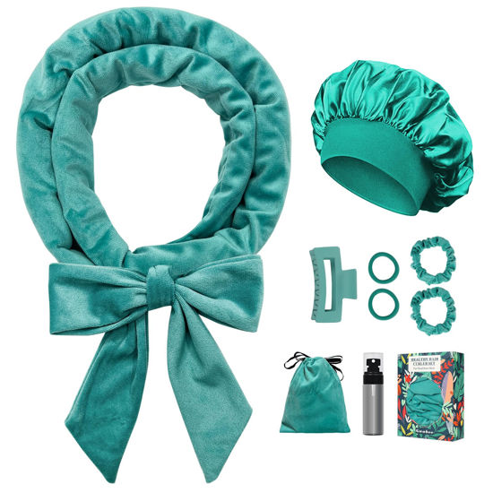 Picture of Gwabee No Heat Overnight Curl Headband, 70" Soft Ribbon Wrap for Long Hair, 9 PCS Hair Curling Rods Set - Blue Green